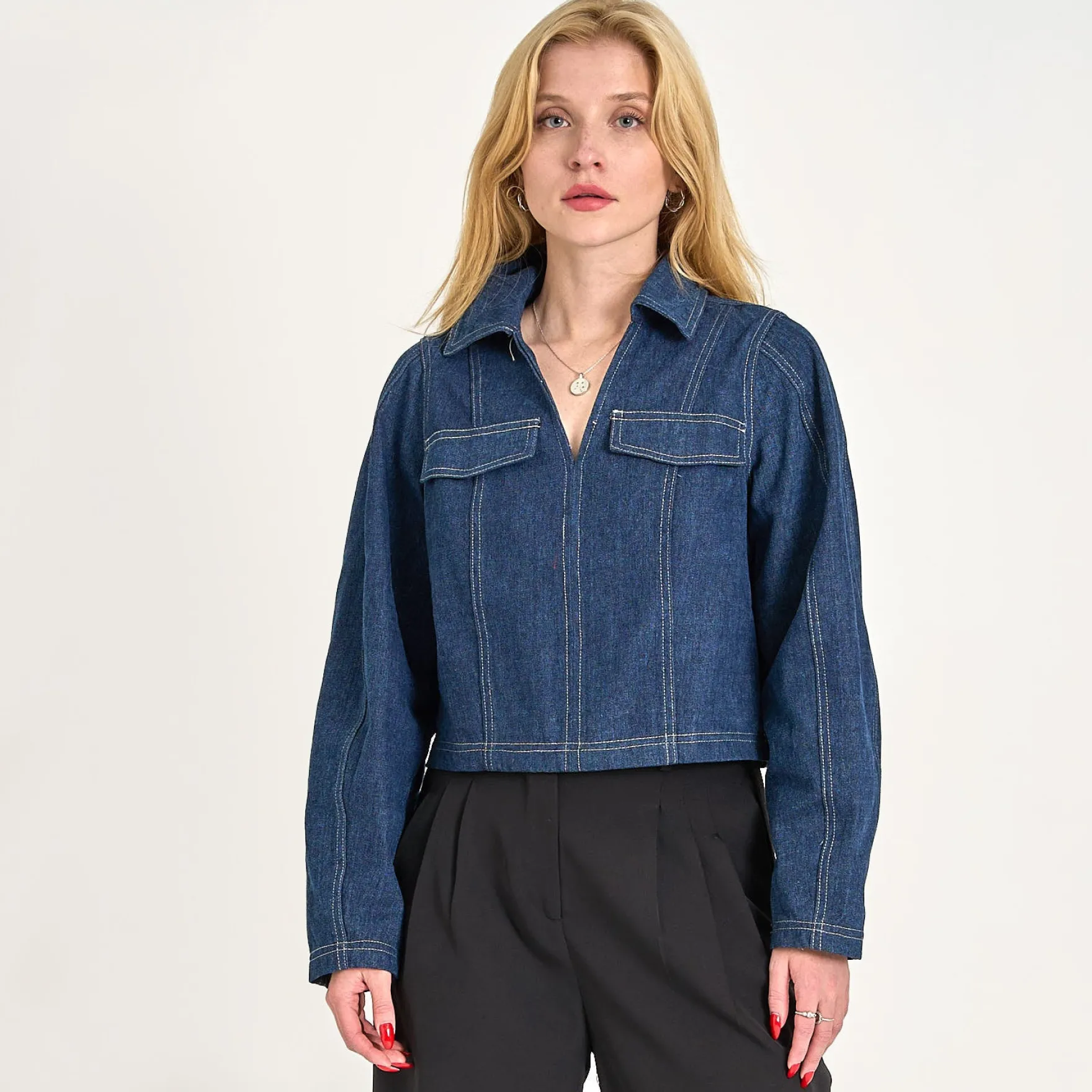 Pcfabia ls v-neck denim top